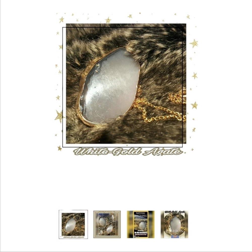 White Agate Gold Encased Pendant Necklace New